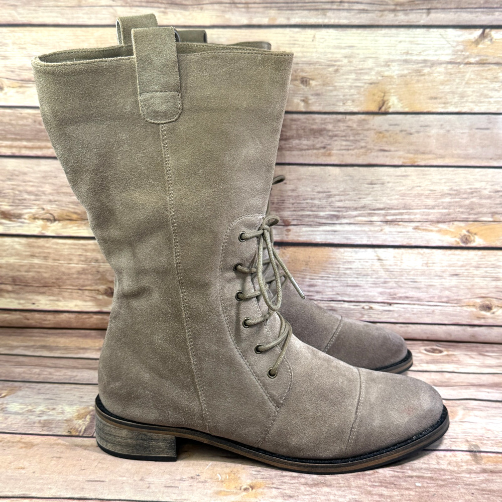 Chocolat Blu Womens Taupe Suede Leather Mid-Calf Lace-Up Cap Toe Boots 37/7 - Picture 2 of 9